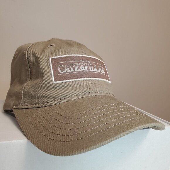 CAT Caterpillar Tan Hat Strap Back Cap Box Logo Casual Khaki Adjustable New - Picture 8 of 14